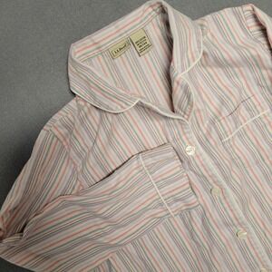 LL Bean Womens Medium Petite Cotton Striped Button Front Nightshirt Pink Blue